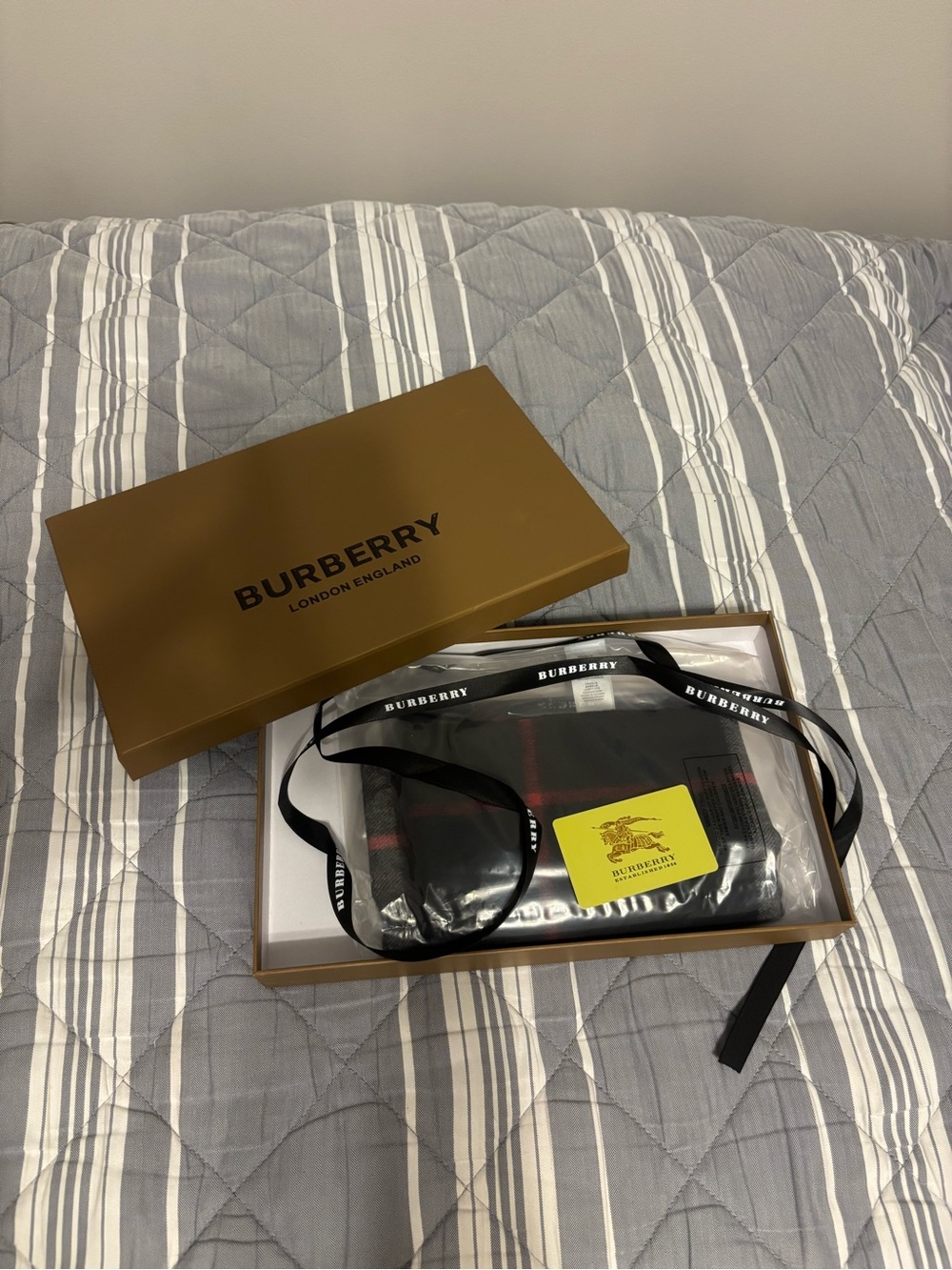 Burberry Brown Box with Black Branded Ribbon and Plaid Accessory